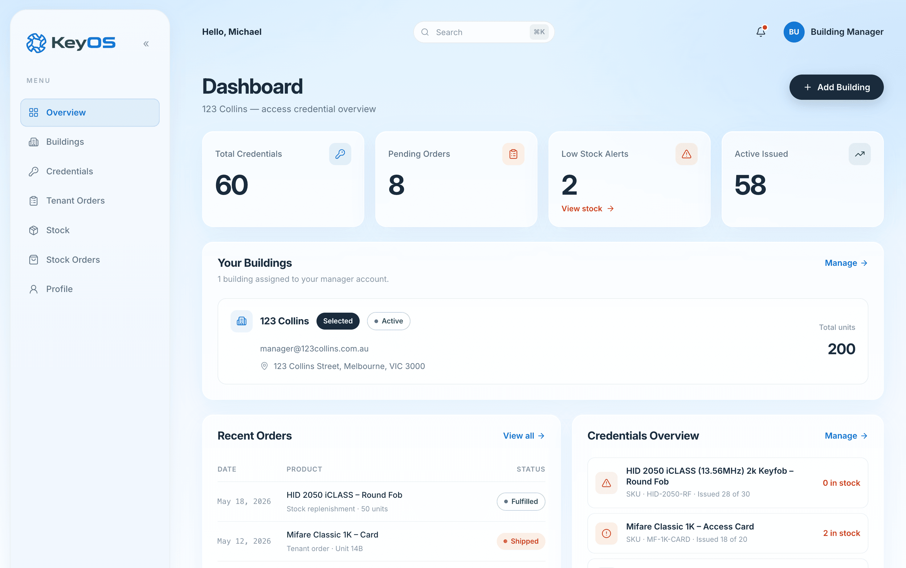 KeyOS credential management dashboard
